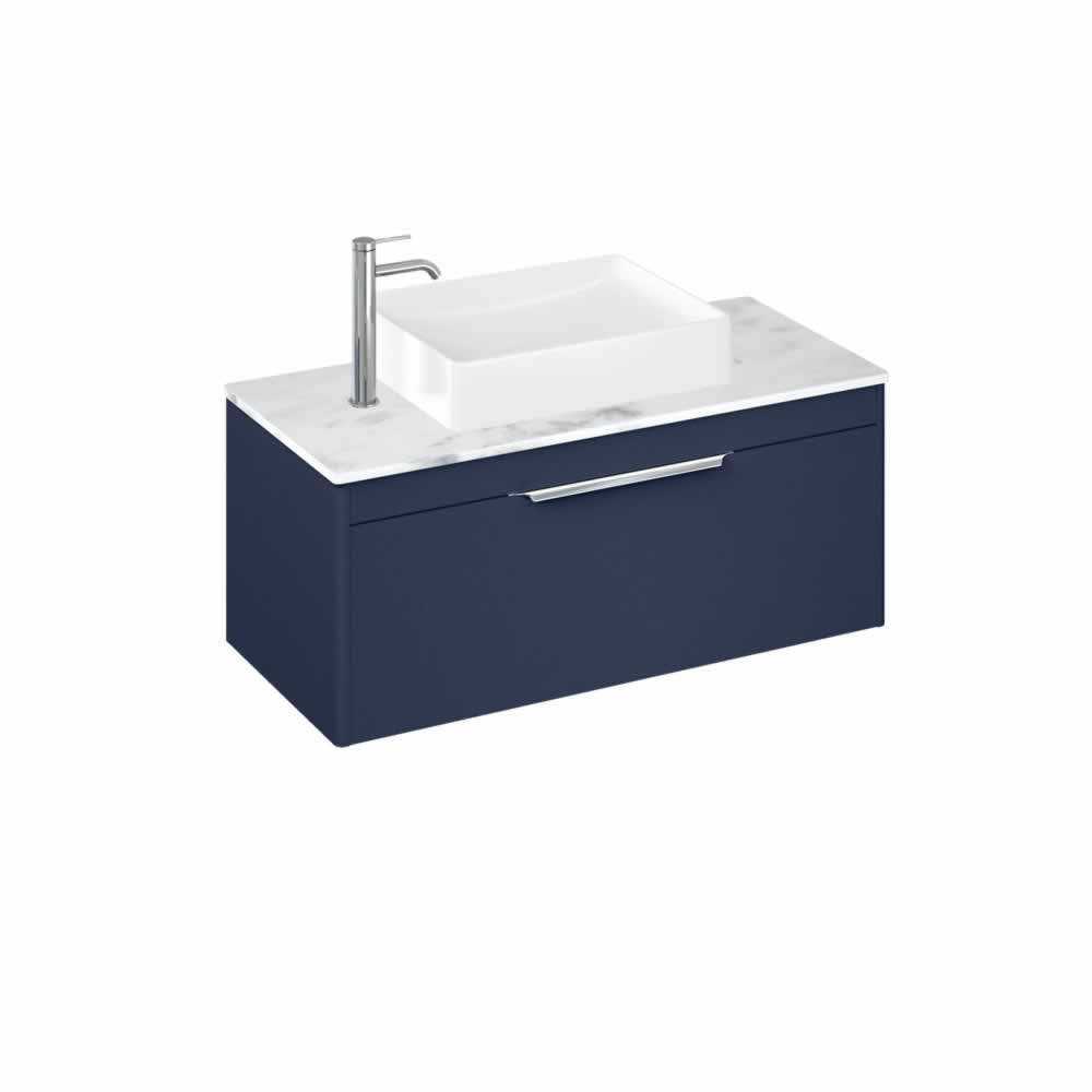 Shoreditch 100cm single drawer Matt Blue with Carrara White Worktop and Quad Countertop Basin